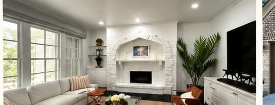 Freshly painted living room with white brick fireplace